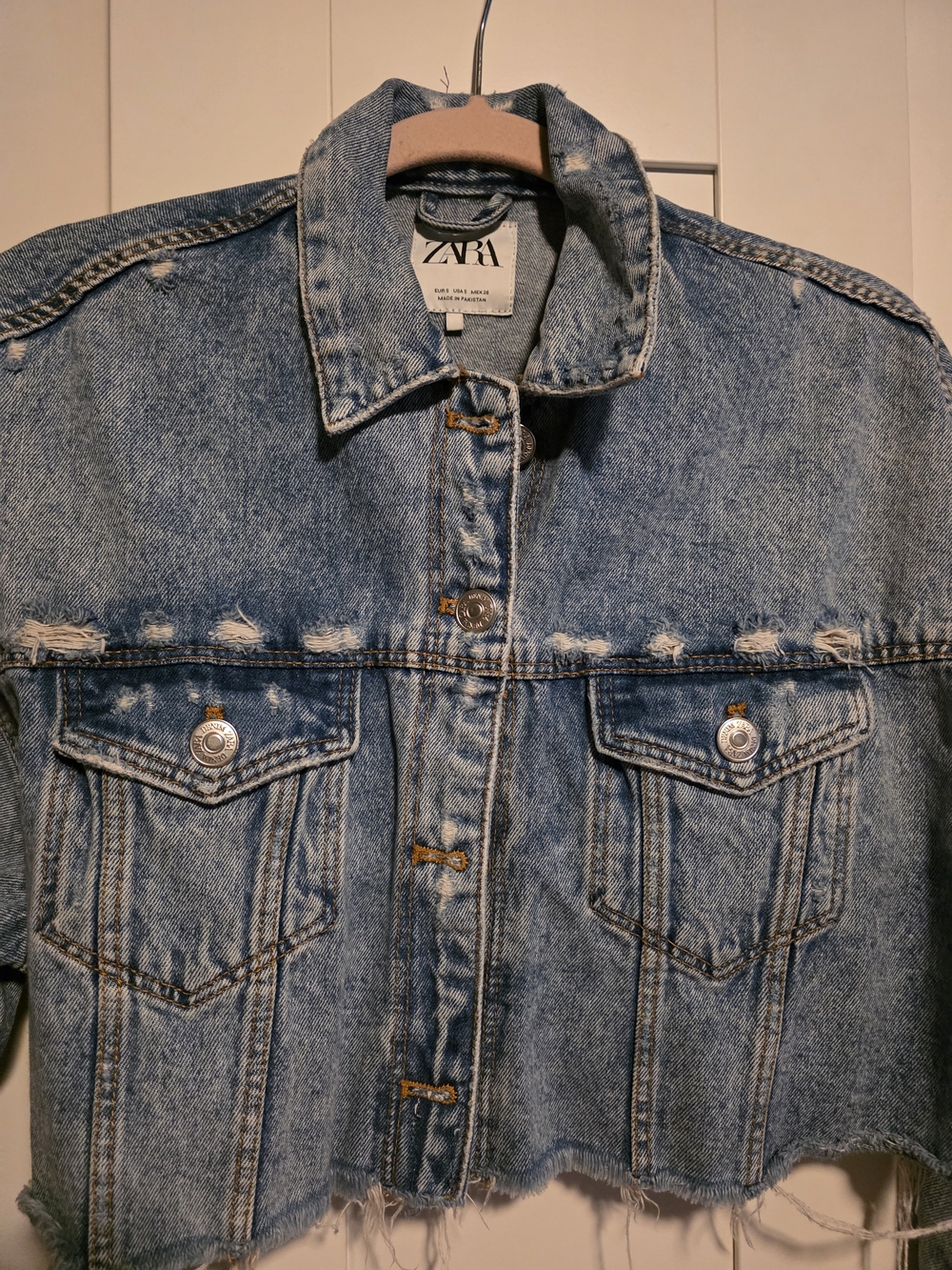 ZARA Light Blue Distressed Cropped Denim Jacket